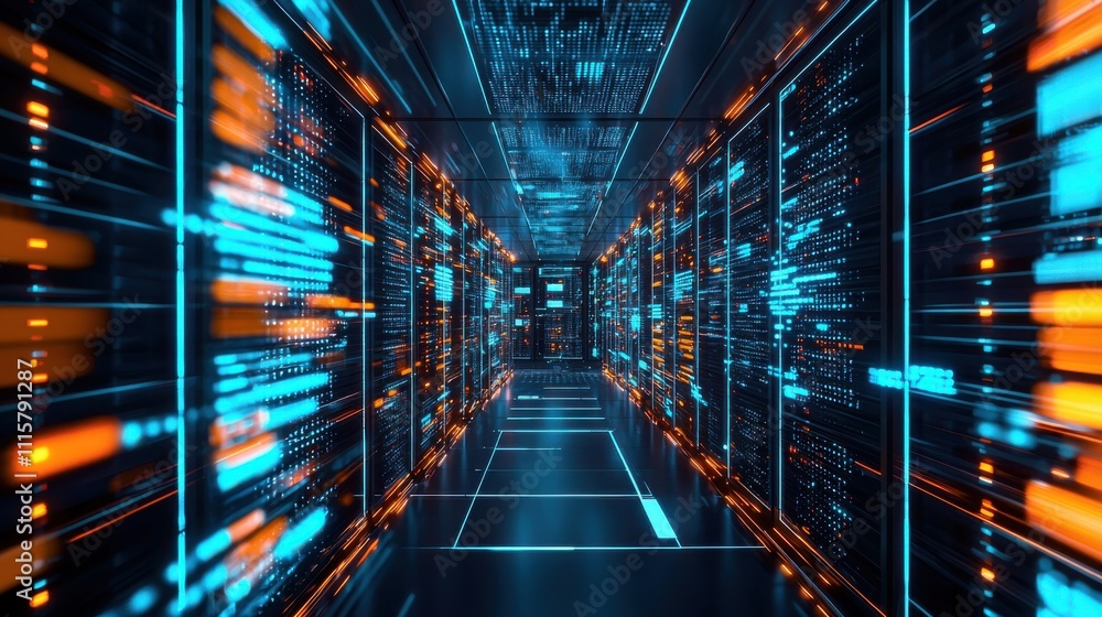 Aufkleber futuristic data center corridor with glowing blue and orange lights, digital networks and server rac
