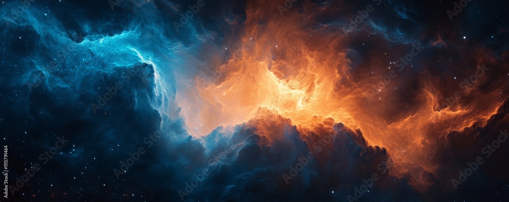 Poster nebula with contrasting blue and orange colors in outer space