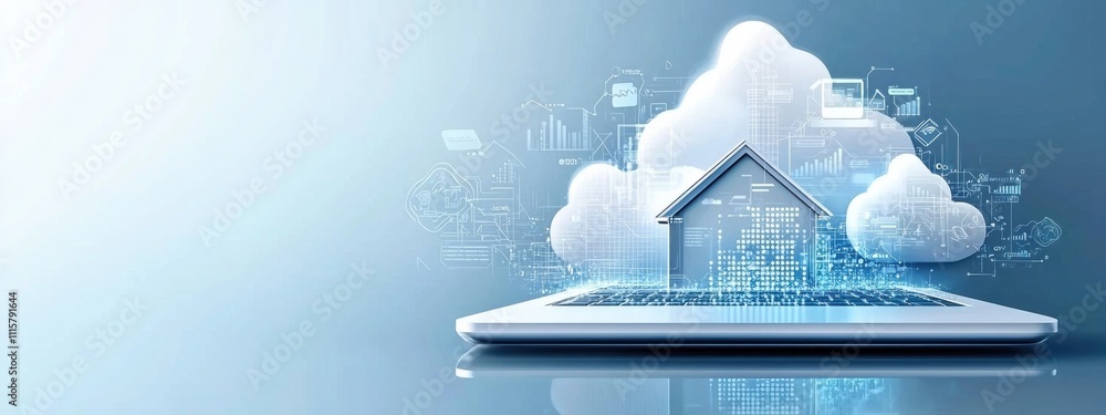 Poster modern technology concept with cloud computing and smart home integration showcased on a laptop with