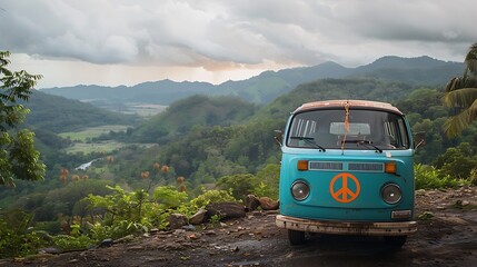 A teal van with a peace symbol, parked on a mountain overlook, lush green valley below.

