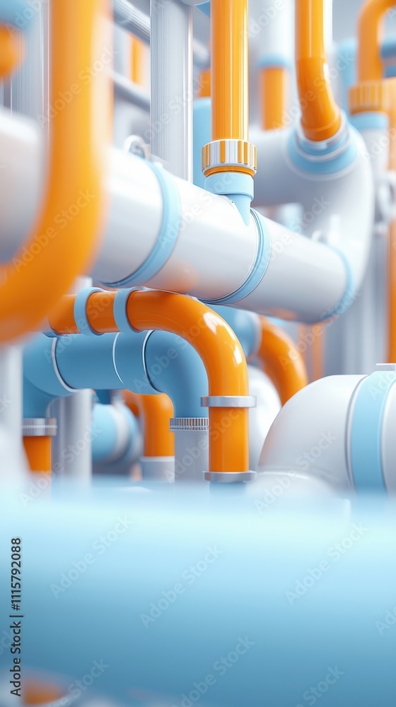 Poster colorful and complex network of industrial pipes in a modern facility demonstrating advanced fluid d