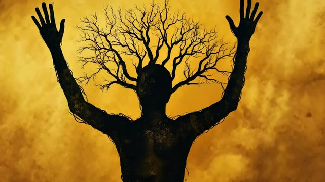 Silhouette raising tree branches forming head