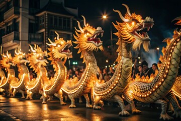 Fototapeta premium A popular bright show during the Chinese New Year. A close-up photo of a Chinese dragon.