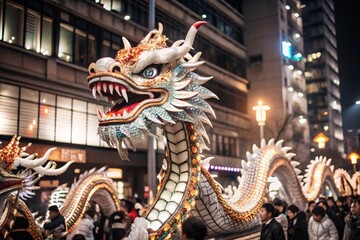Fototapeta premium A popular bright show during the Chinese New Year. A close-up photo of a Chinese dragon.