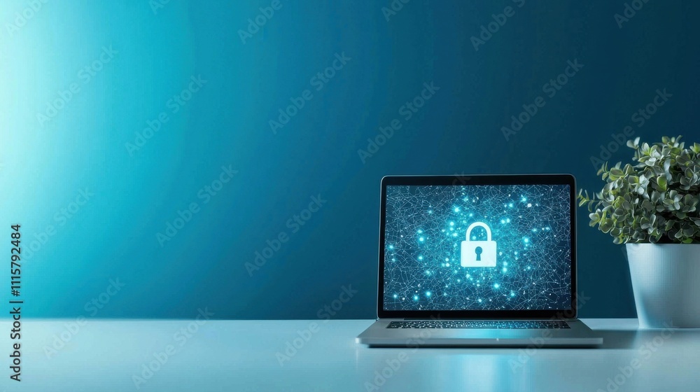 Poster modern laptop displaying digital security lock concept over blue background with plant showing impor