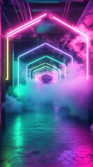 High-tech nightclub interior with thick smoke curling under neon hexagonal lights, pulsating colors of pink, green, and purple creating an electric mood"