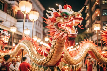 Fototapeta premium A popular bright show during the Chinese New Year. A close-up photo of a Chinese dragon.