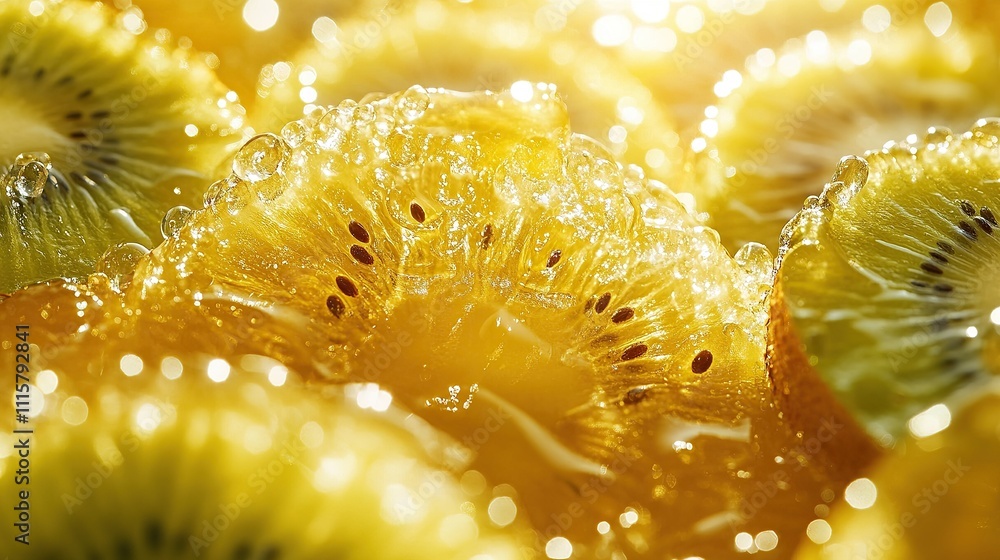Poster close-up of sliced kiwi submerged in sparkling liquid, highlighting freshness.