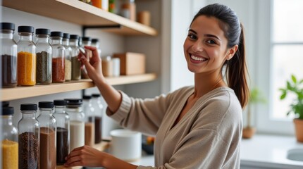 Smiling Woman Reaching for Spices in a Minimalistic Kitchen Interior