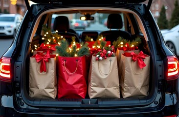 Open Car trunk full of Christmas decorations in shopping bags filled with holiday items