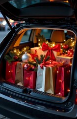 Open Car trunk full of Christmas decorations in shopping bags filled with holiday items