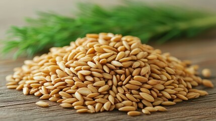 Fototapeta premium A pile of golden sesame seeds is displayed on a rustic wooden surface. Fresh green herbs are placed in the background, adding a vibrant touch to the natural setting