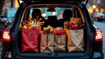 Open Car trunk full of Christmas decorations in shopping bags filled with holiday items