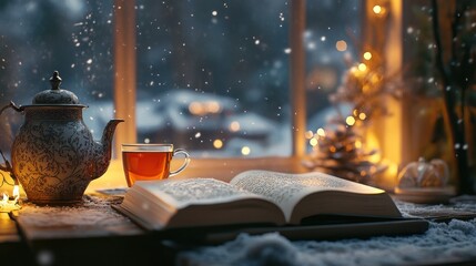 Obraz premium Cozy Winter Evening with a Book and Tea