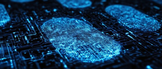 Digital footprints on virtual surface, glowing data clusters, interconnected web, tech impact on personal security, internet data flow, abstract futuristic network