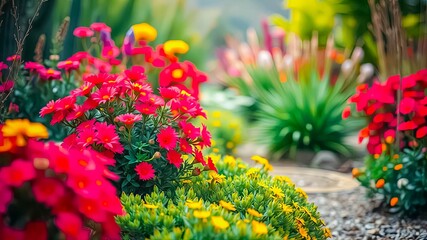 Naklejka premium Vibrant red and yellow flowers blooming in a meticulously arranged garden bed