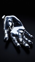 Hand gesture forming liquid metallic texture, smooth flowing design, bright reflections, striking isolated black background, futuristic aesthetic, high contrast style