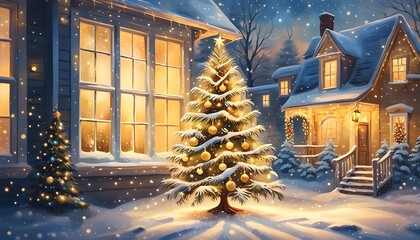 Christmas tree decorated with golden balls in the snow in front of house, winter greeting card stock image