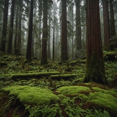 Obraz premium A mossy forest floor surrounded by towering redwoods.