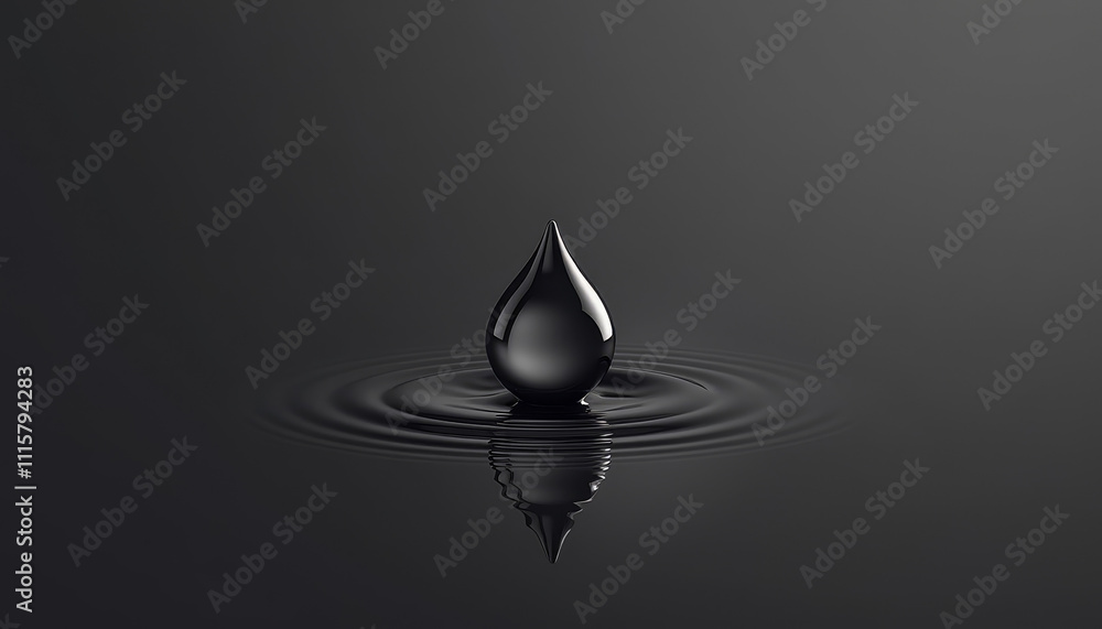 Poster elegant black droplet creating ripples on dark surface with soft reflection