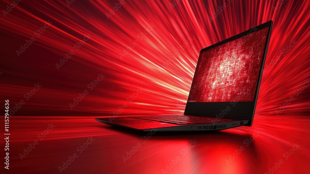 Poster a sleek laptop illuminated by dynamic red light, emphasizing technology and modern design.