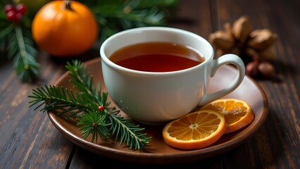 Fototapeta premium A cozy cup of tea with orange wedges and sprigs of pine. Ideal for use in winter, holiday or wellness content, evoking feelings of warmth, relaxation 