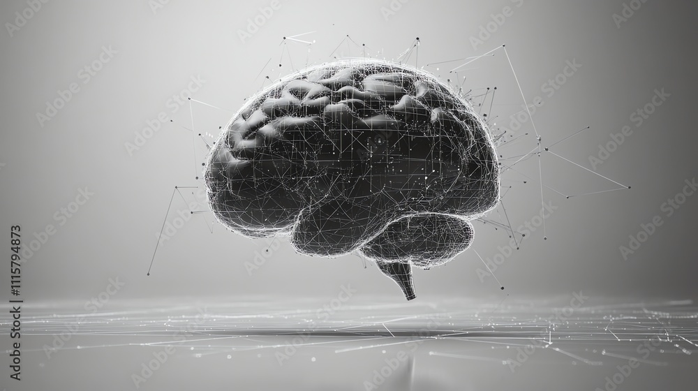 Poster a 3d rendering of a human brain, with white lines and nodes connecting various areas.