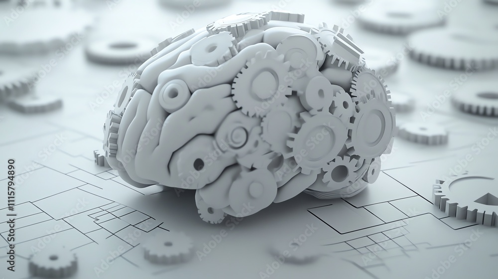 Poster a 3d model of a brain with gears on top of it.