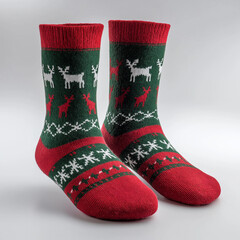 Winter woolen red, green and white Christmas socks in front of a white background