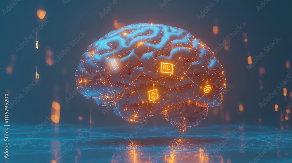 Poster a digital representation of a human brain, with glowing lines and nodes connecting various areas.