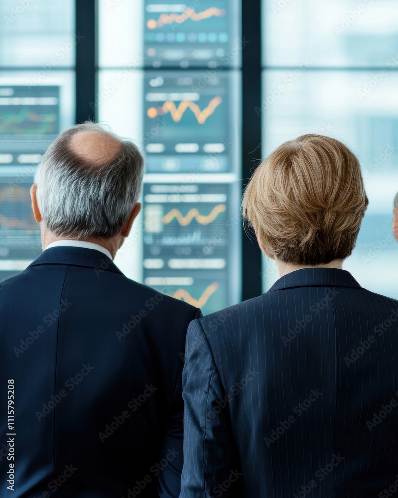 Poster business professionals analyzing financial data on digital screens in modern office environment with