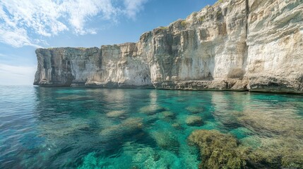 Limestone Cliffs by Turquoise Waters, breathtaking limestone formations towering over crystal-clear waters, showcasing the pristine allure of an untouched tropical paradise.
