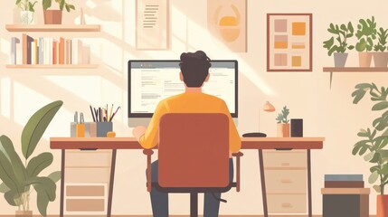 Fototapeta premium Stylish home office design with a man focused on his screen, surrounded by cozy decor and an ergonomic chair