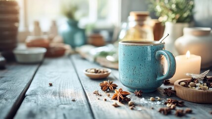 A cozy turquoise mug on a rustic table decorated with star anise and spices, set in a charming kitchen ambiance, exuding warmth and serenity.