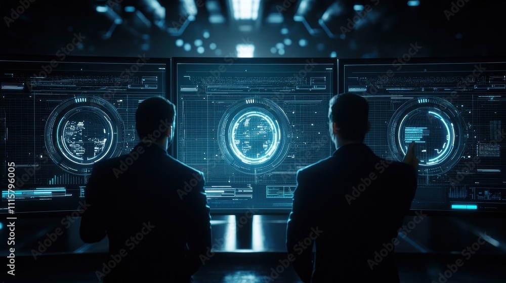 Poster professionals analyzing data on multiple screens in a futuristic control room with high-tech visuali