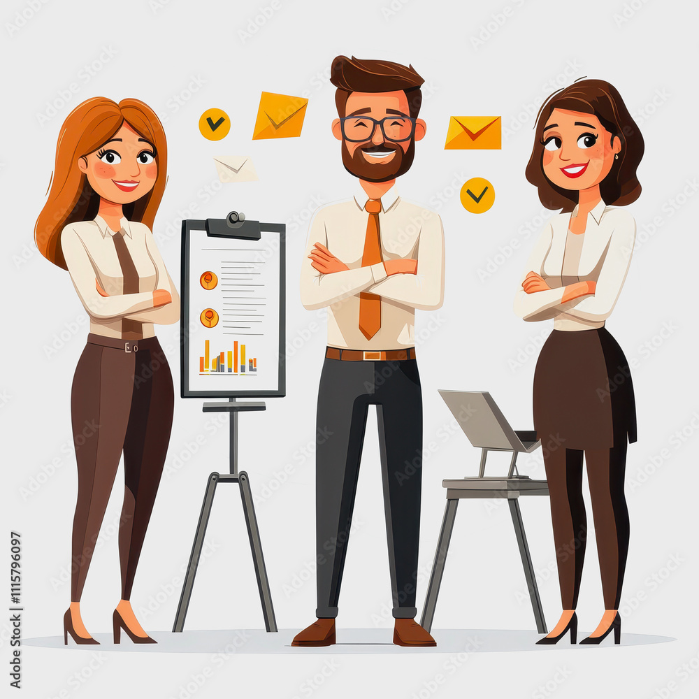 Poster group of business professionals standing together in office environment with charts and graphs, expr