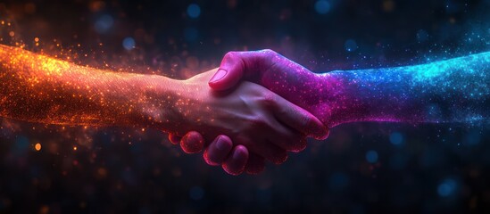 Two glowing hands shake, symbolizing unity and connection.