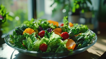 A vibrant salad with greens, tomatoes, and oranges in a glass bowl.