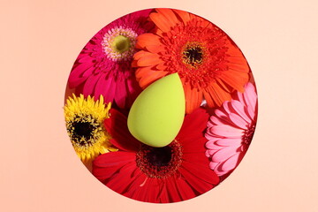 Makeup blender, facial sponge for cosmetic apply with gerbera flowers, beauty concept