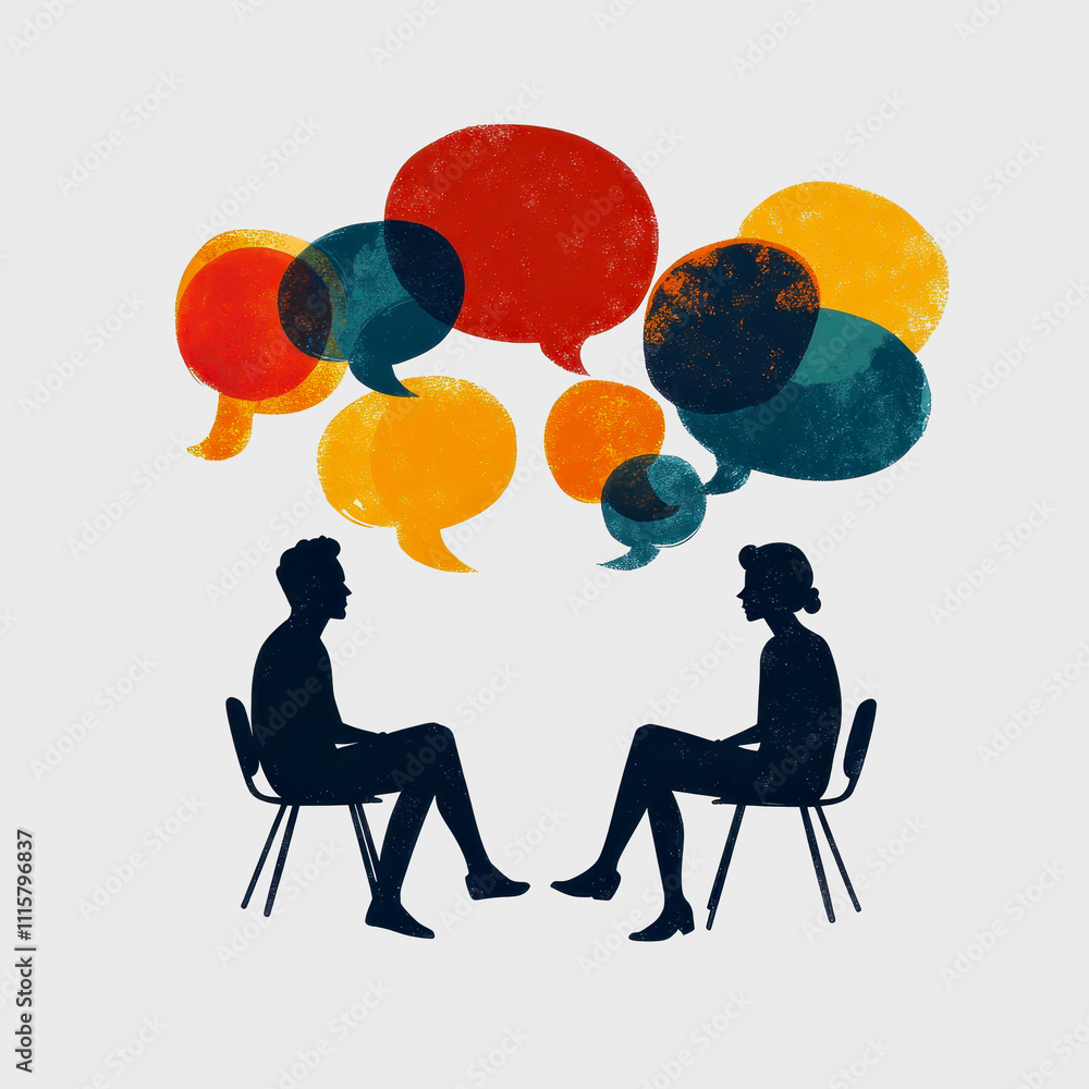 Poster two silhouetted figures engaged in thoughtful dialogue with colorful speech bubbles representing com