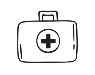 Obraz premium First aid kit hand drawn doodle icon. Drawing first aid kit case icon. Treatment, medicine concept.