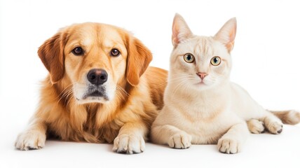 Fototapeta premium A golden retriever and a light-colored cat sit side by side, exuding a friendly and calm demeanor against a plain background.