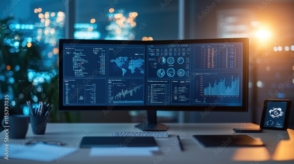 Poster high-tech workspace with multiple monitors displaying data analytics, financial charts, and global m