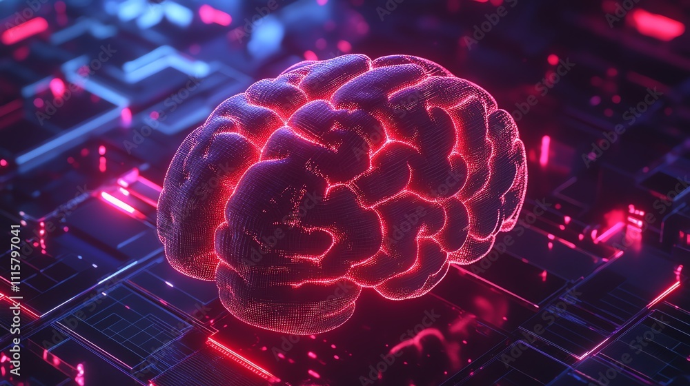 Poster a digital rendering of a human brain, with glowing red lines connecting various areas.