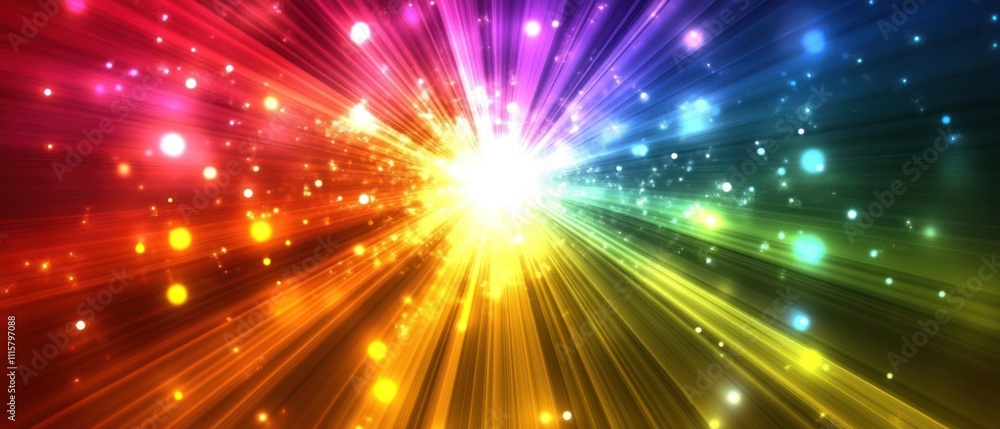 Poster a vibrant burst of colorful light radiating in all directions, creating a dynamic visual effect.