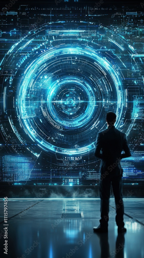 Poster person standing in front of futuristic digital interface with blue light and high-tech elements in a
