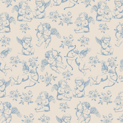 Seamless Pattern with cupids. Happy Valentine's day. Vintage engraving style