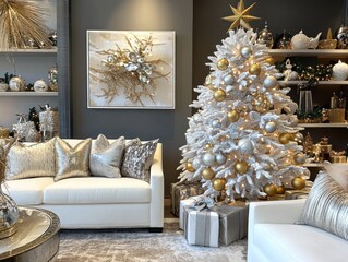 Elegant living room with white Christmas tree, gold and silver ornaments, and luxurious furniture.