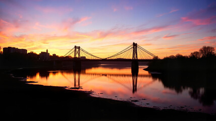 Obraz premium Suspension bridge at colorful sunset symbolizing connection and progress