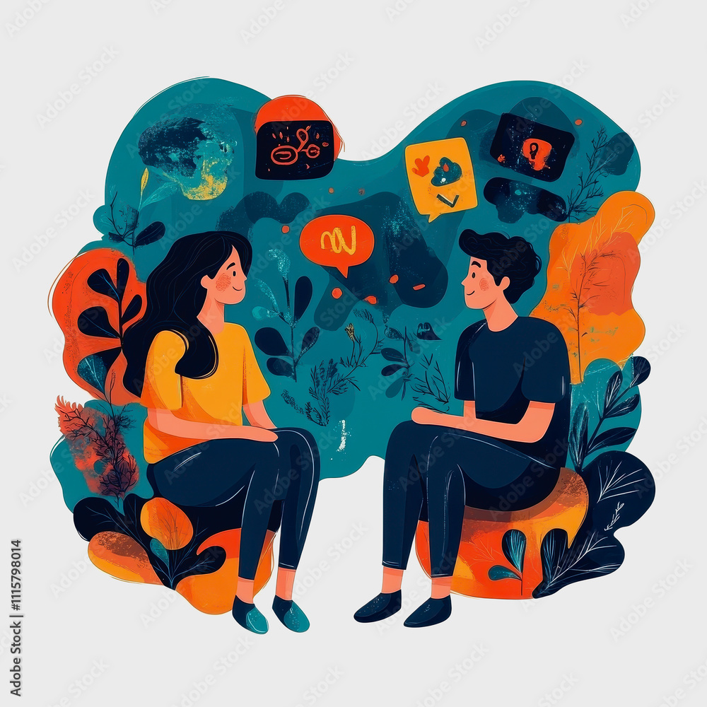 Poster interaction between two individuals in a colorful artistic representation, exploring communication, 